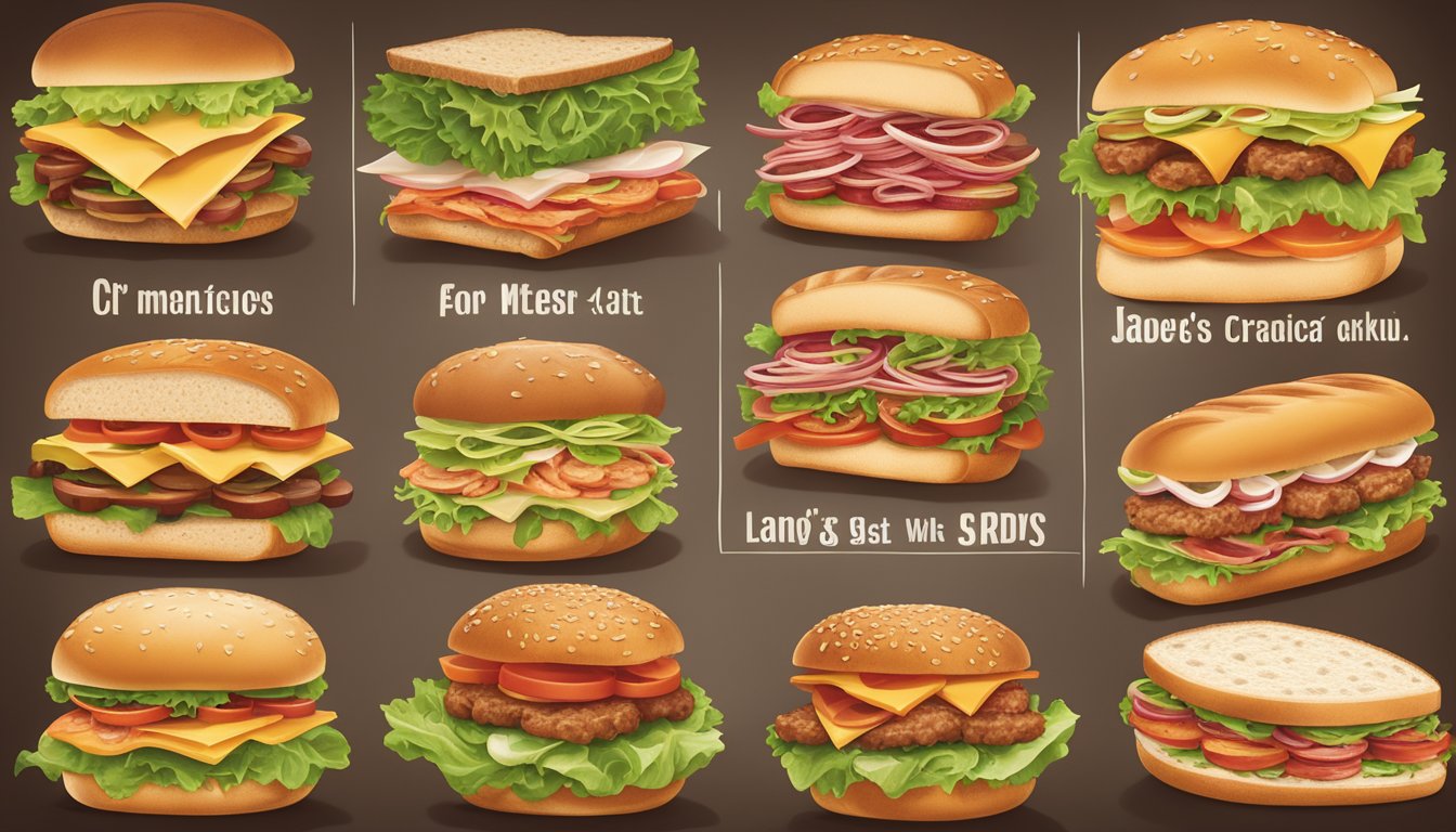 A colorful array of fresh salads, lean meats, and whole grain sandwiches displayed on Arby's menu board