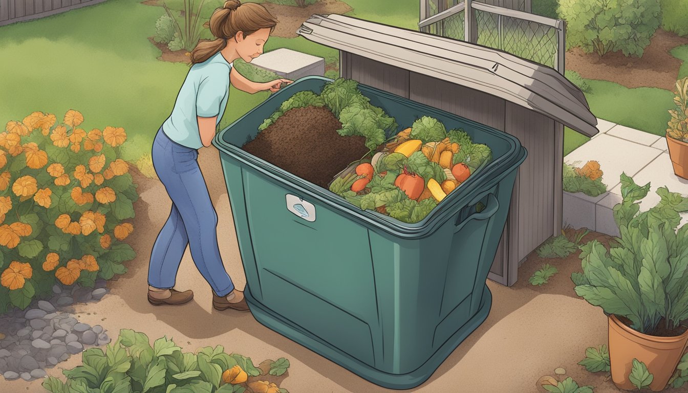 A person placing food scraps and yard waste into a compost bin in a backyard garden in Oceanside, CA