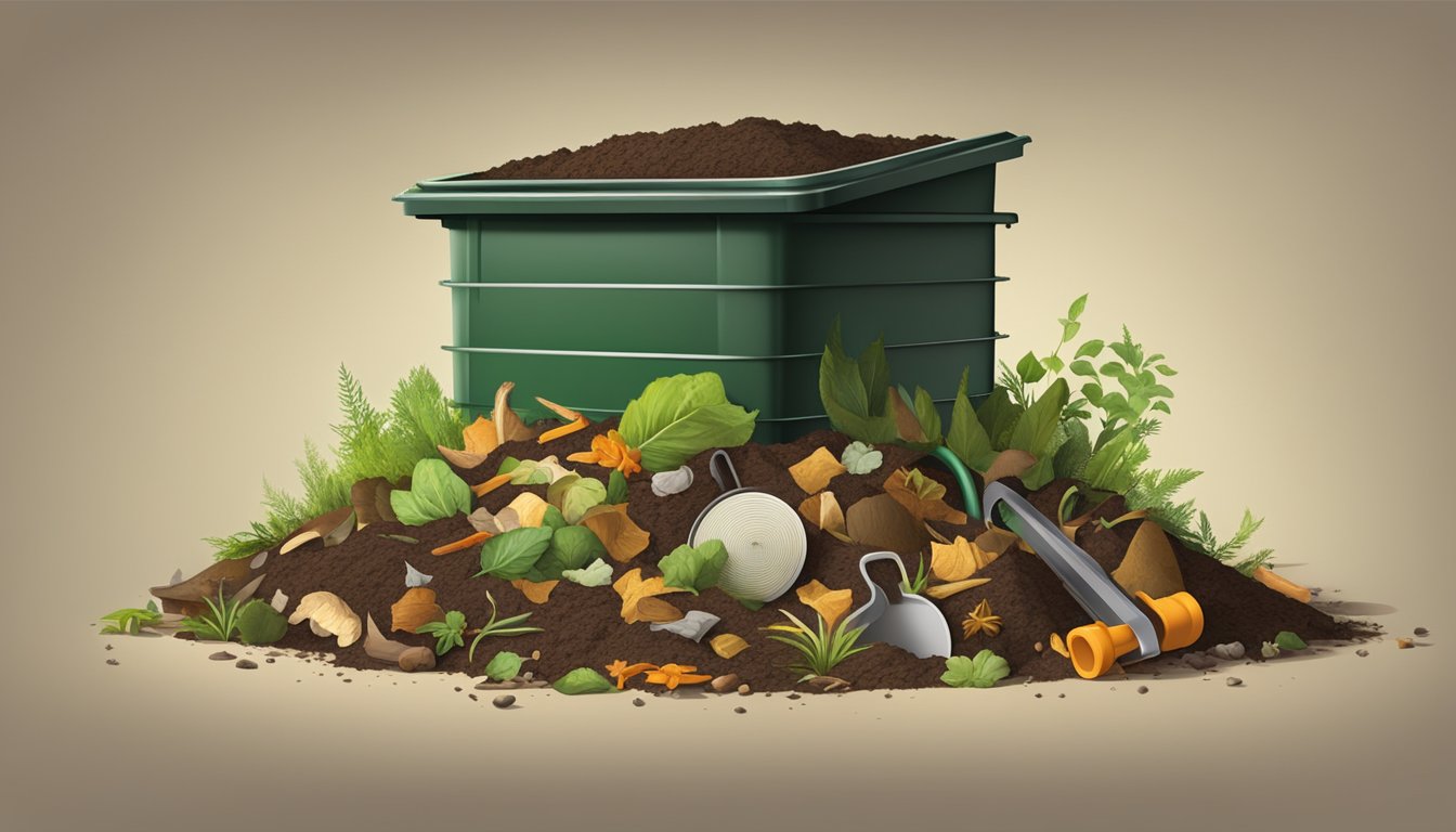 A compost bin surrounded by various types of organic waste, with a mixture of brown and green materials, and a small shovel for turning the compost