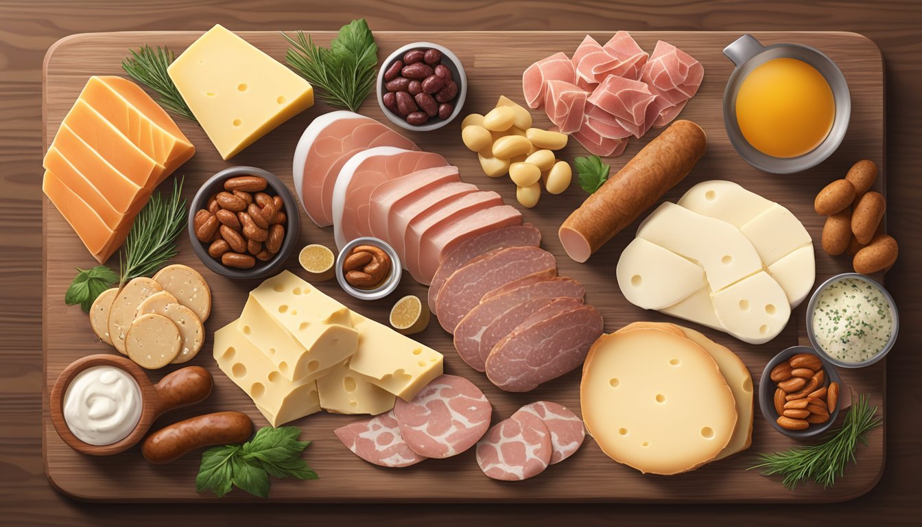 A variety of quality proteins arranged on a wooden charcuterie board, including sliced meats, gourmet sausages, and artisanal cheeses