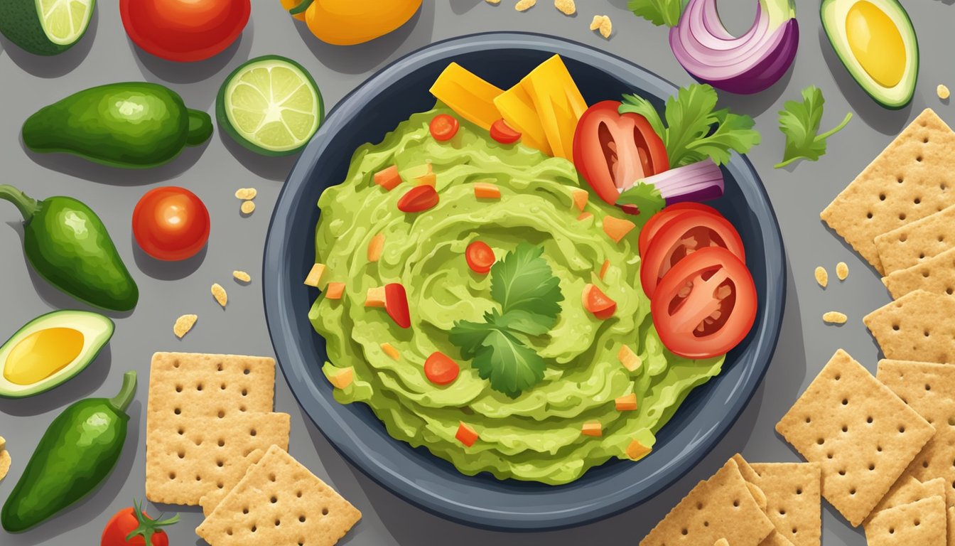 A bowl of fresh guacamole surrounded by colorful sliced vegetables and whole grain crackers