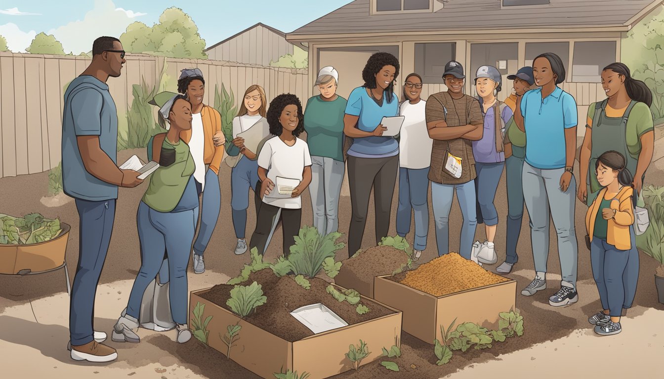 A diverse group of people in Ontario, CA gather around a composting demonstration, surrounded by educational resources and materials