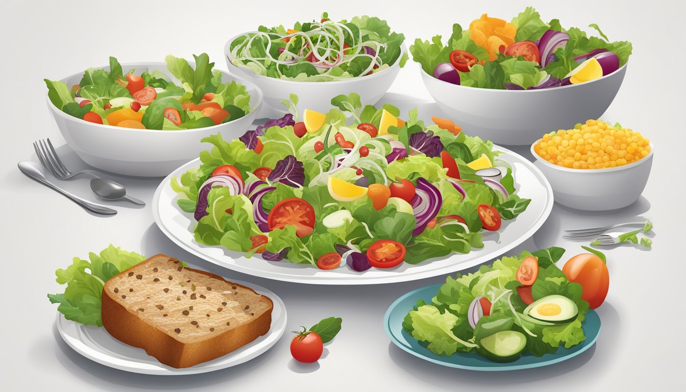 A colorful array of fresh salads and sides arranged around a main dish on a clean, white plate