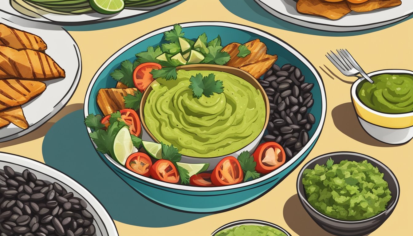 A bowl of guacamole surrounded by colorful plates of grilled chicken, black beans, and sliced vegetables