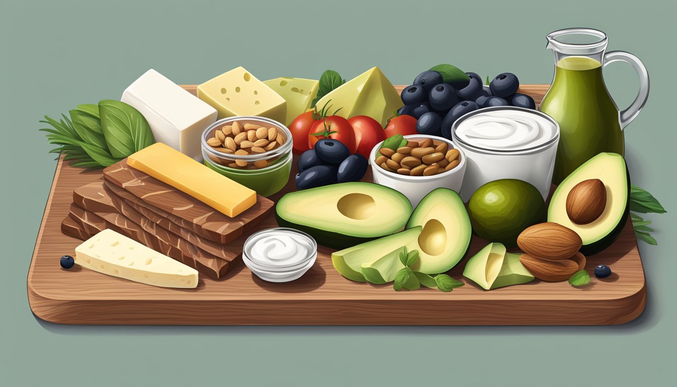 A wooden charcuterie board with an assortment of healthy fats and dairy options, including nuts, olives, avocado, cheese, and yogurt