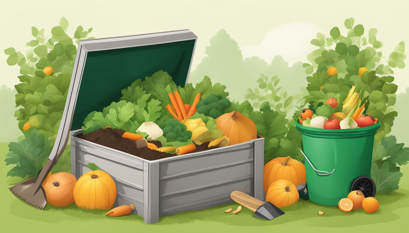 A backyard compost bin surrounded by fruit and vegetable scraps, leaves, and grass clippings, with a shovel and gardening gloves nearby