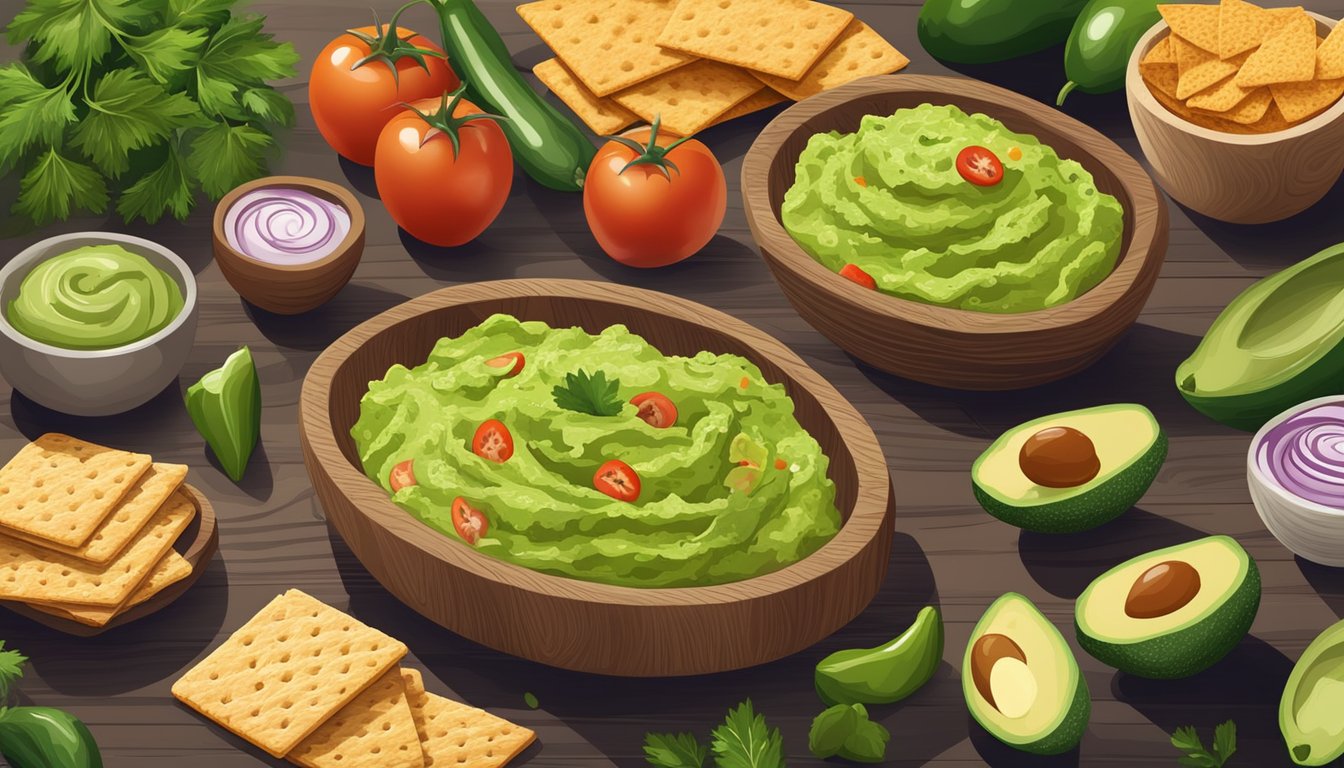 A colorful spread of guacamole paired with fresh vegetables and whole grain crackers on a wooden serving board