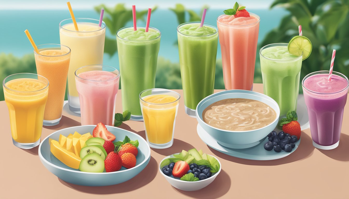 A table set with a variety of healthy beverage options, including water, green tea, and fresh fruit smoothies, alongside a colorful and nutritious meal from Arby's