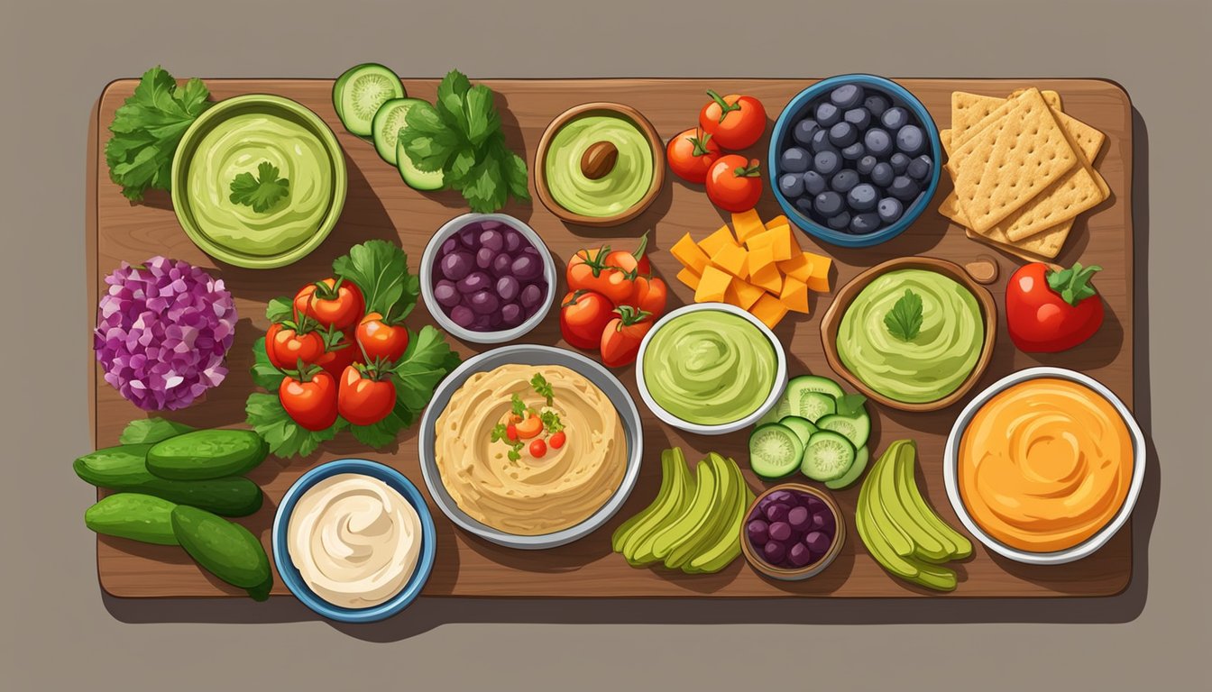 A colorful array of fresh vegetables, fruits, and whole grain crackers arranged around bowls of hummus, guacamole, and other nutritious dips and spreads on a wooden charcuterie board