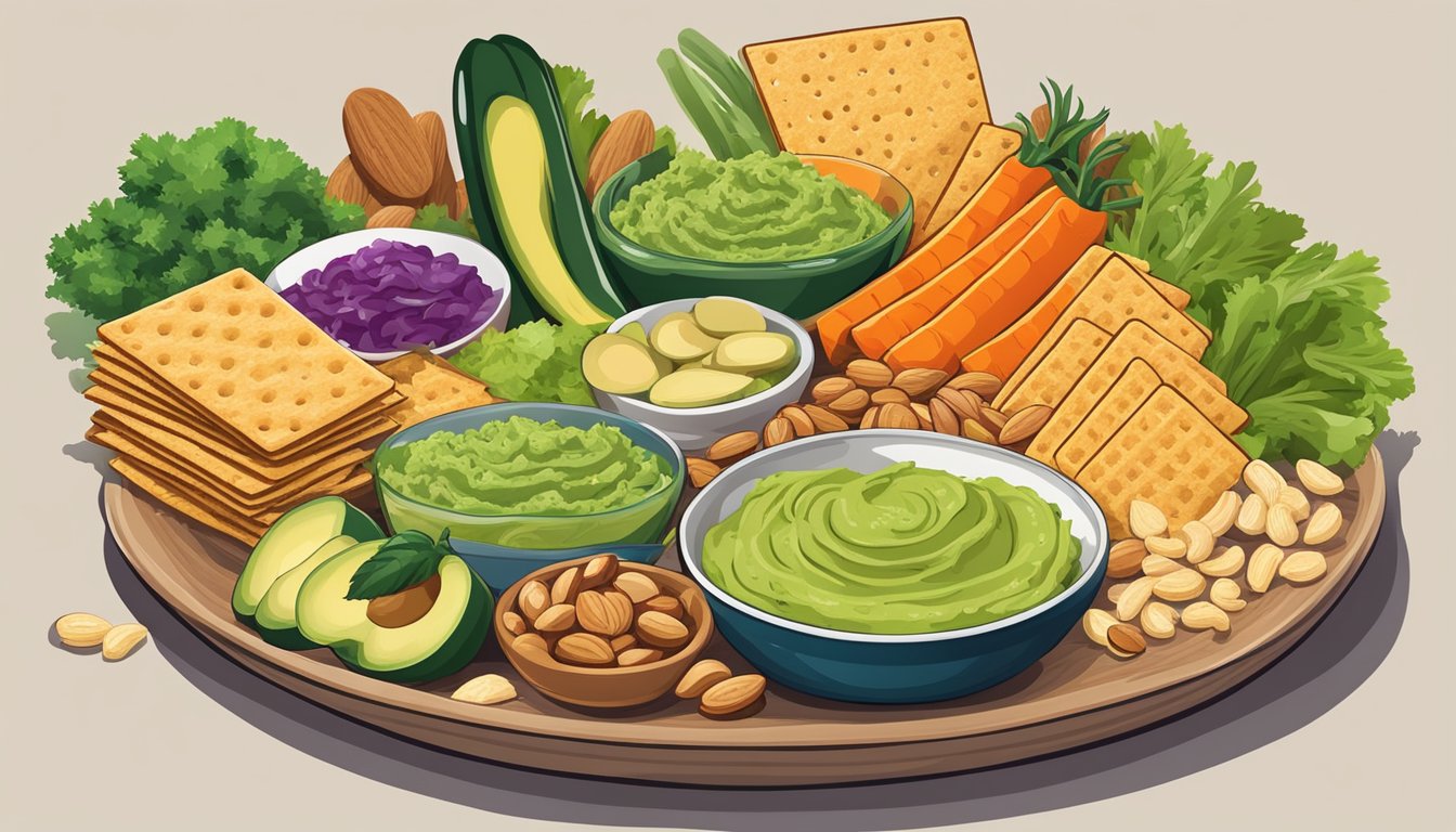 A colorful array of sliced vegetables and whole grain crackers arranged around a bowl of guacamole, with a small dish of mixed nuts on the side