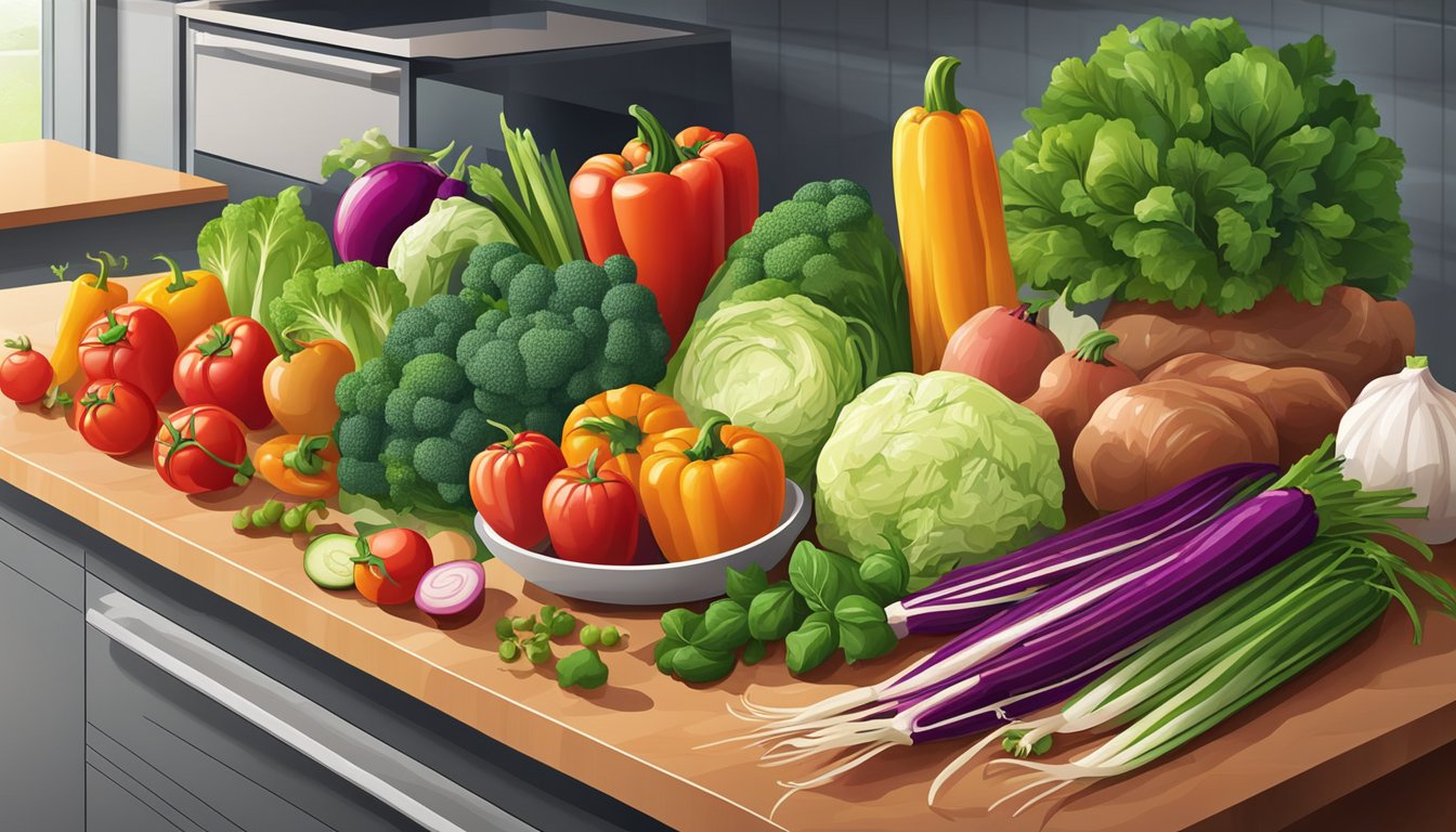 A colorful array of fresh vegetables and lean meats displayed on a clean, modern countertop