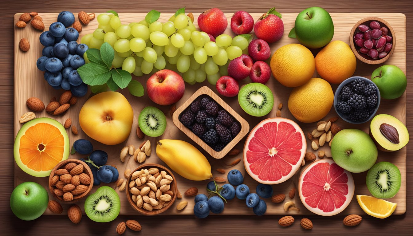 A variety of fresh fruits, nuts, and lean meats arranged on a wooden board. Vibrant colors and textures create an inviting display