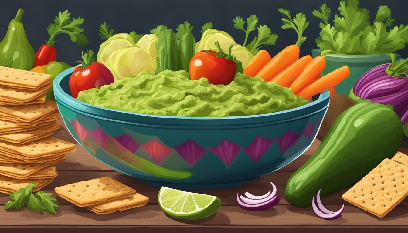 A colorful spread of fresh vegetables and whole grain crackers arranged around a bowl of homemade guacamole, with vibrant ingredients and a welcoming atmosphere