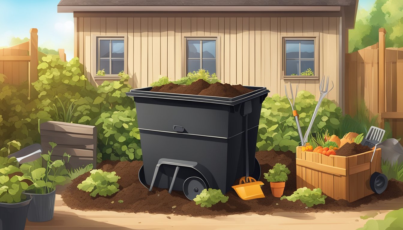 A backyard composting bin surrounded by a variety of organic materials, with a shovel and pitchfork nearby for maintenance. The sun shines down on the scene, with a small garden in the background