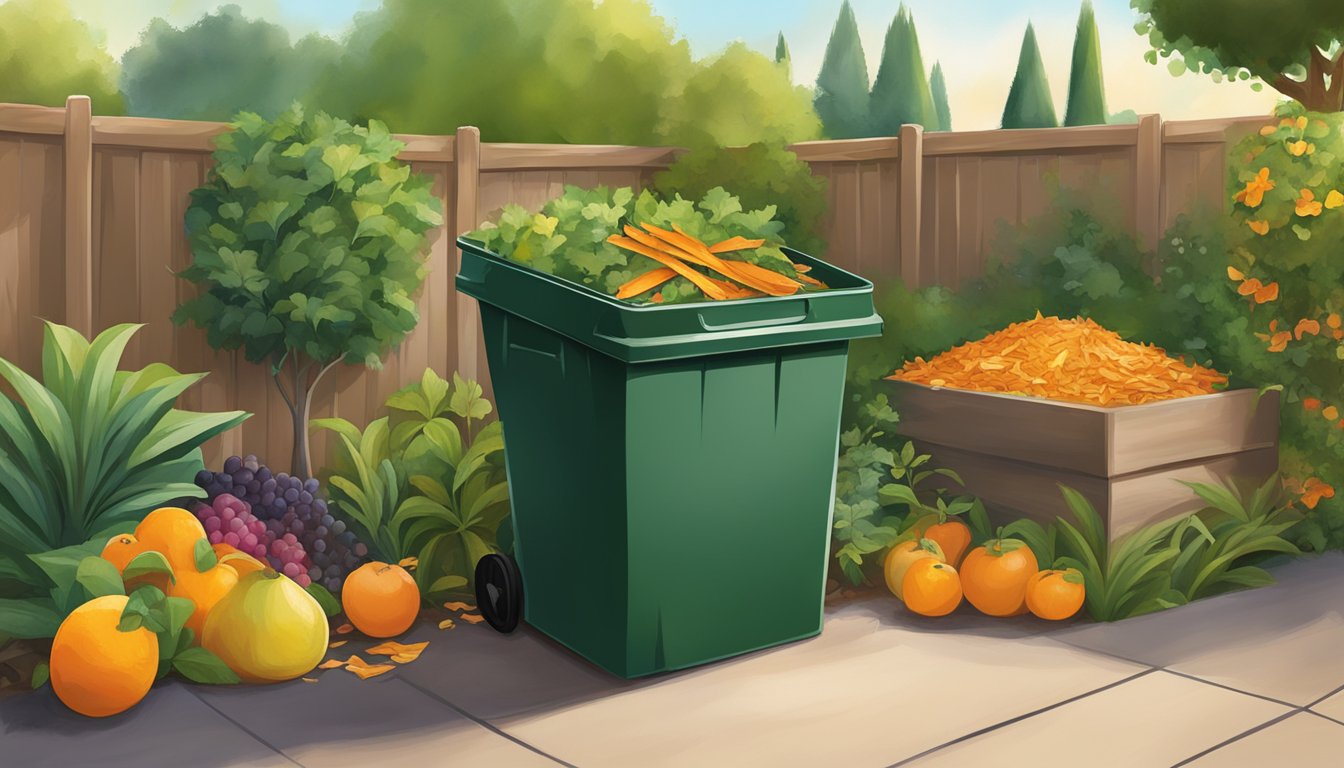 A backyard compost bin sits next to a lush garden in Orange, CA. Fruit peels and yard waste are being added to the bin, while finished compost is being used to nourish the plants