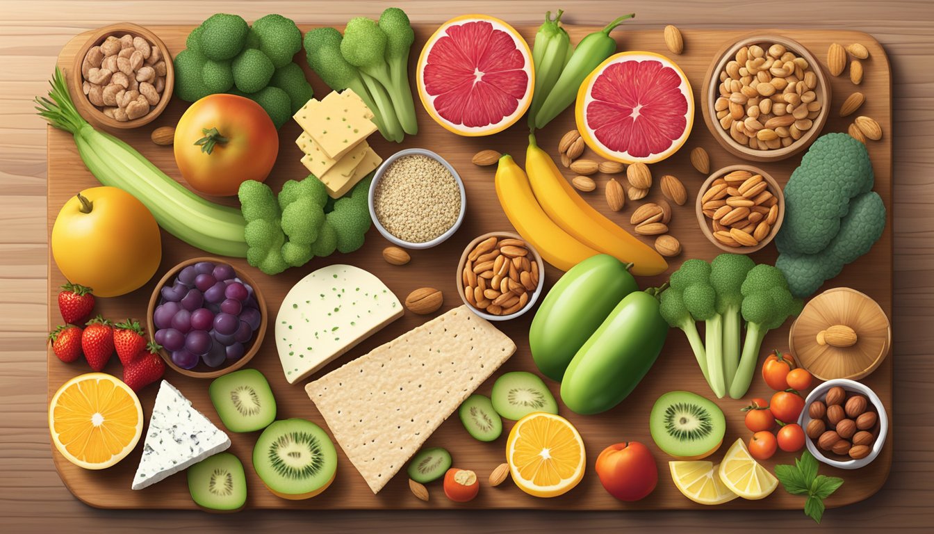 A vibrant array of fresh fruits, vegetables, nuts, and whole grain crackers arranged on a wooden board, alongside a variety of lean meats and low-fat cheeses