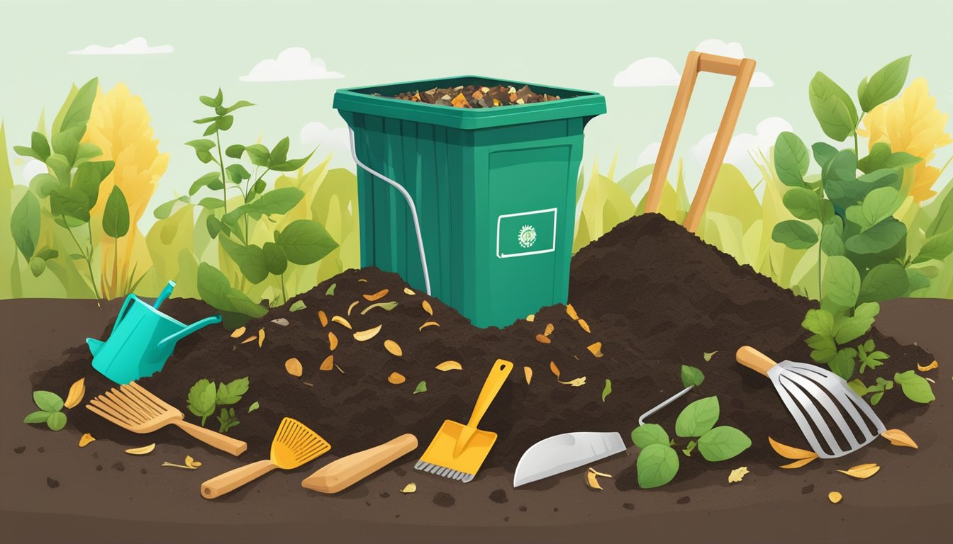 A backyard compost bin surrounded by various organic waste materials, with a small shovel and gardening gloves nearby