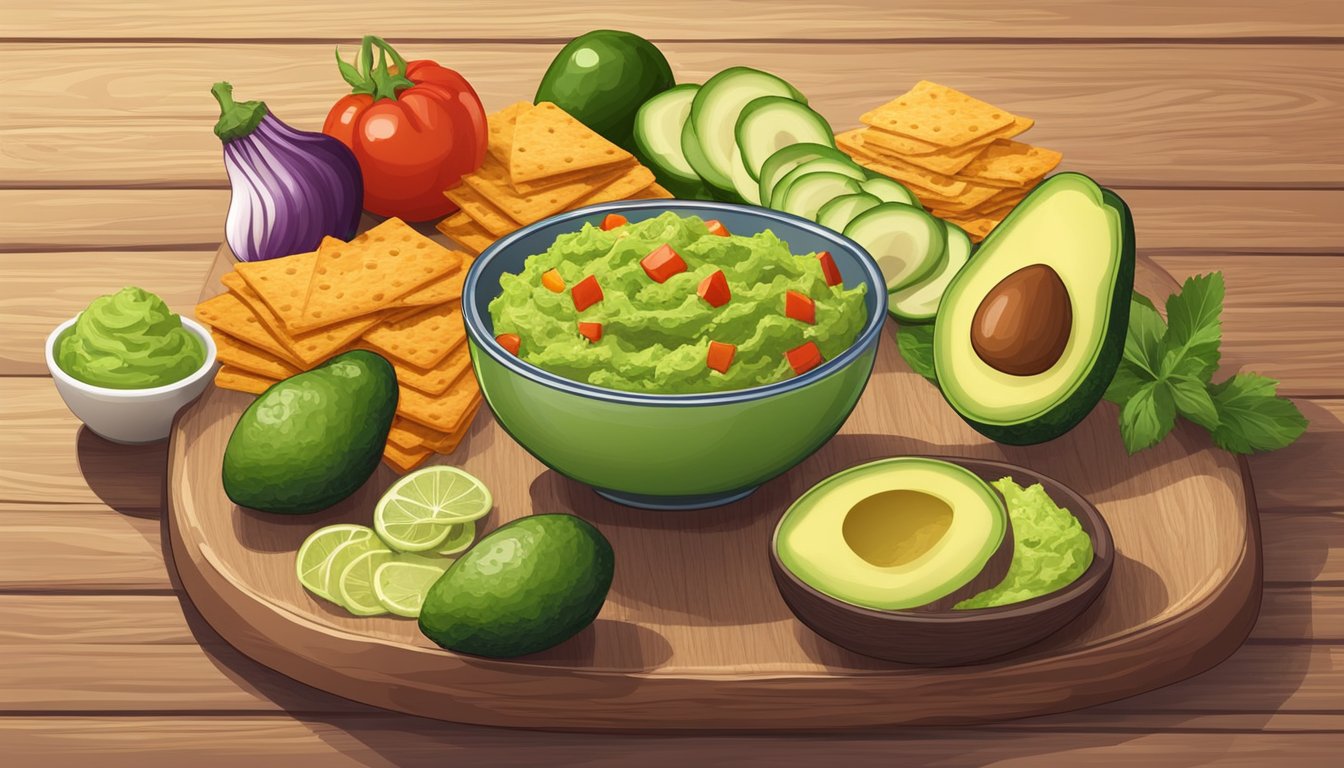 A bowl of fresh guacamole surrounded by sliced vegetables and whole grain crackers on a wooden cutting board