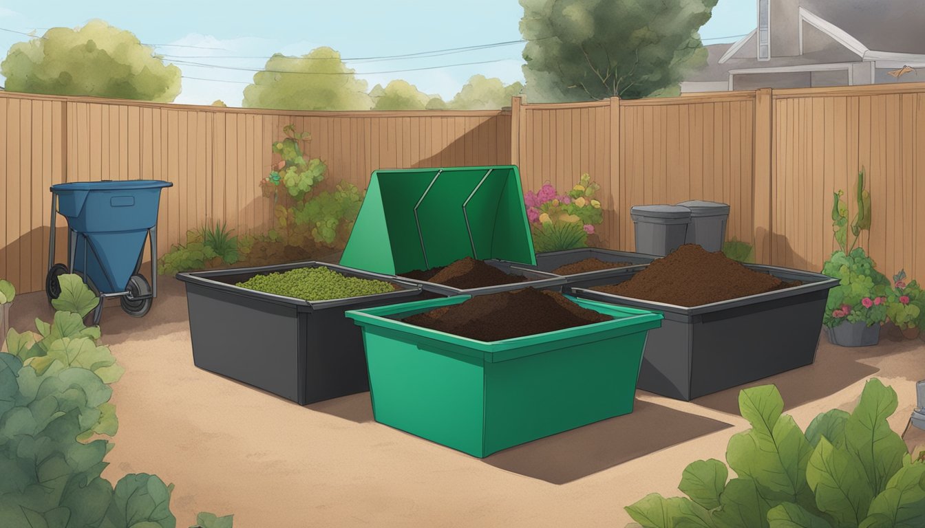 A backyard in Oxnard, CA with multiple compost bins, a variety of organic materials, and a person turning the compost with a pitchfork