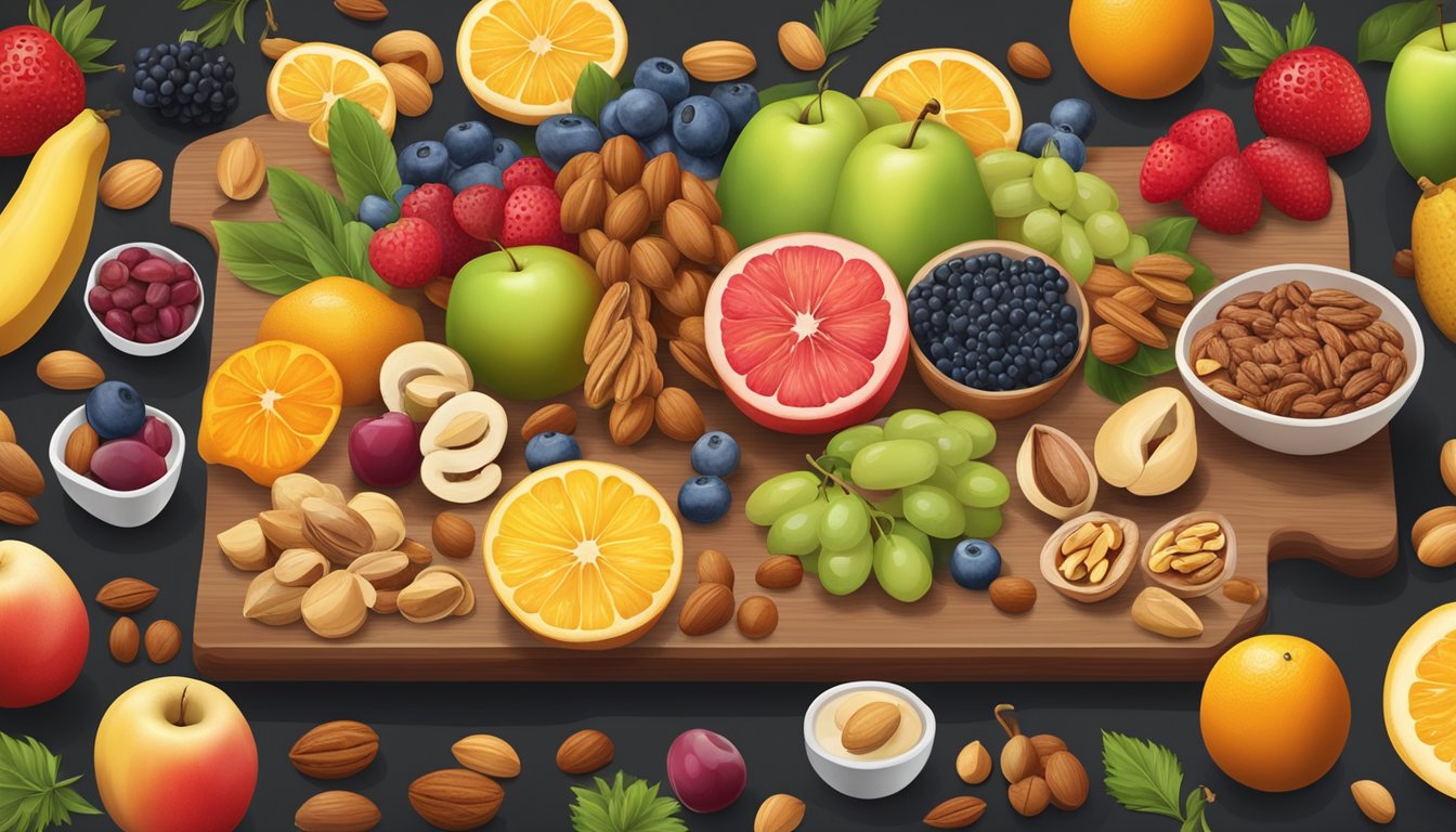 A wooden board with an assortment of colorful fruits, nuts, and lean meats arranged in an artful and appetizing display