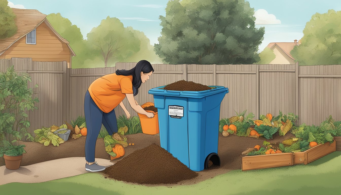 A person placing food scraps and yard waste into a designated composting bin in their backyard, with a sign displaying the laws and regulations for composting in Orange, CA