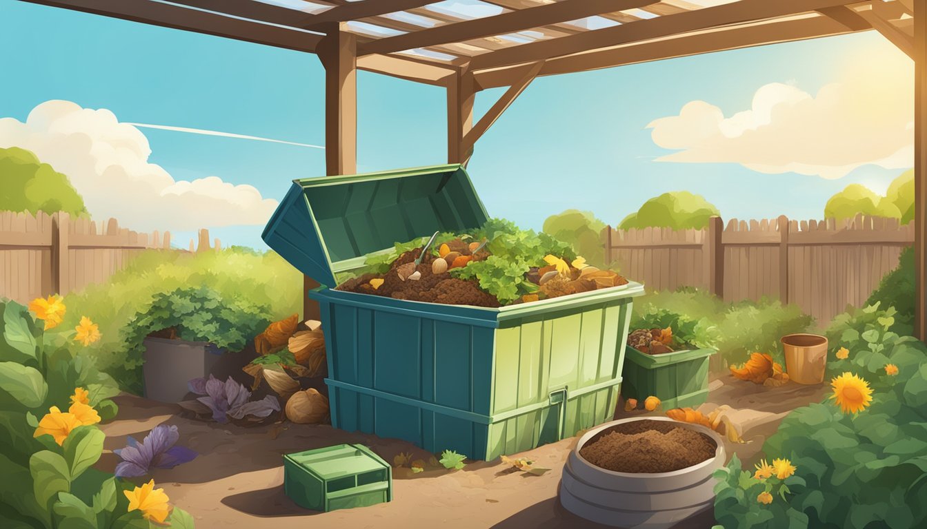 A backyard compost bin surrounded by a variety of organic waste materials, with a clear blue sky and the sun shining overhead