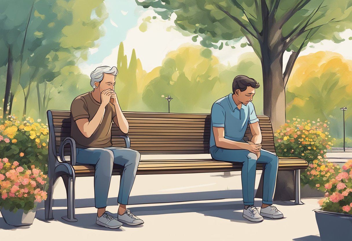 Two figures sitting on a park bench, one looking upset while the other gestures comfortingly. The surroundings are vibrant and sunny, with a few wilted flowers nearby
