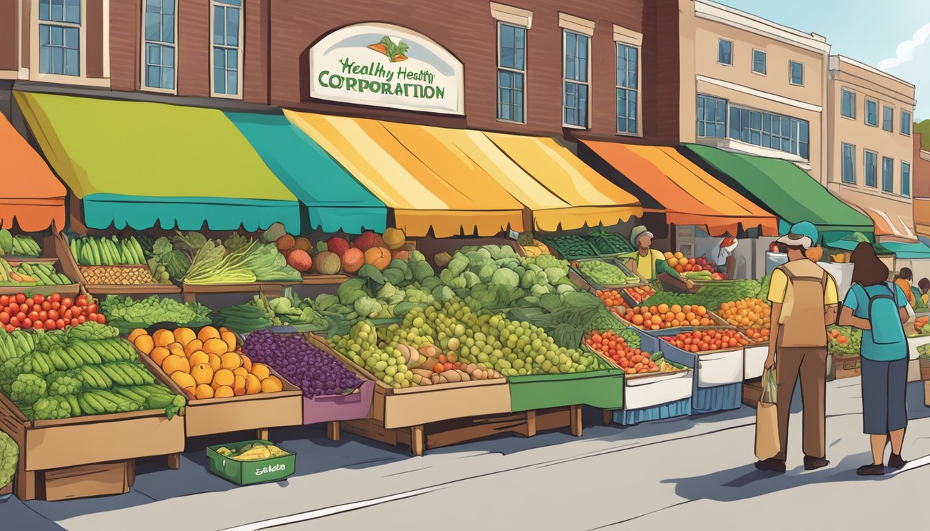 A bustling farmer's market filled with colorful fruits and vegetables, with a sign displaying "Healthy Options Corporation" in the background