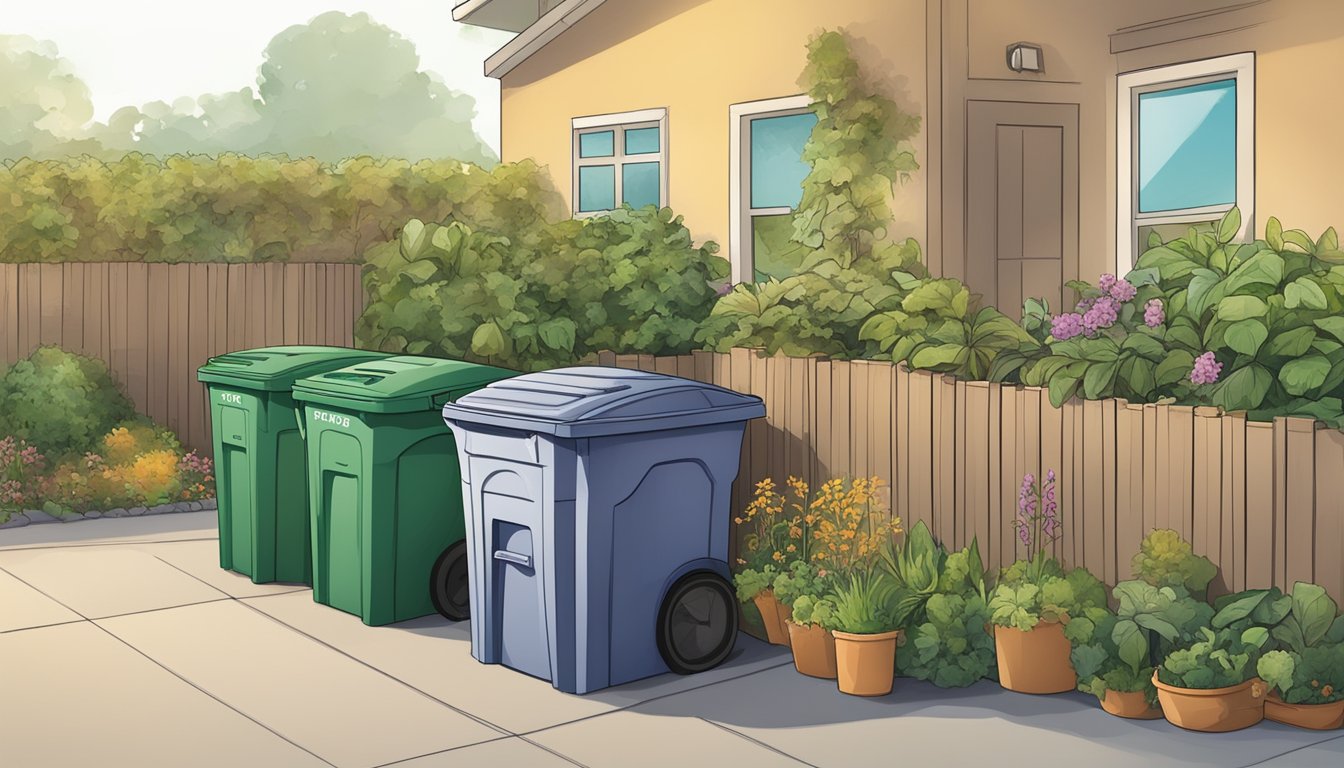 A lush garden in Oxnard, CA, with a compost bin, recycling bins, and signage displaying environmental impact and legislation related to composting