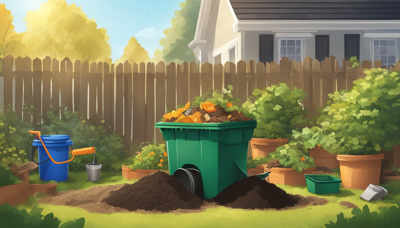 A sunny backyard with a compost bin, shovel, and various organic waste materials being added to the pile