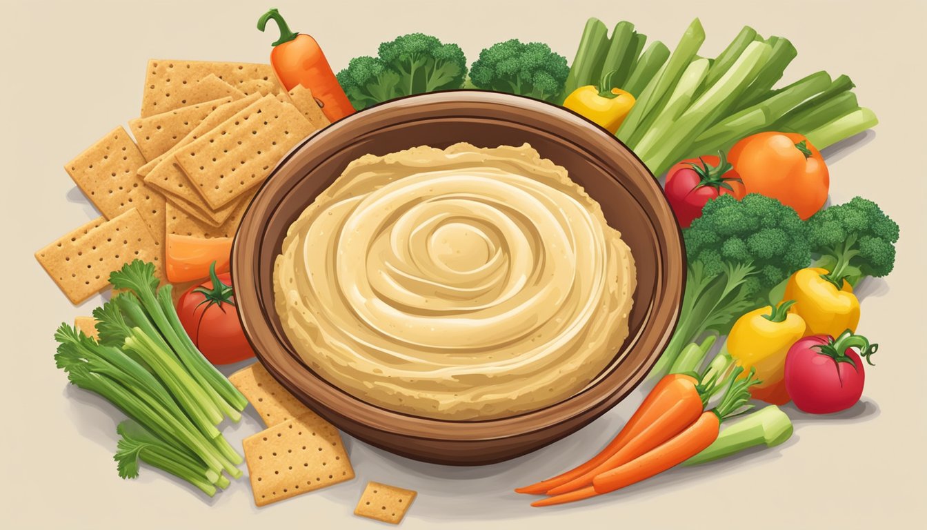 A bowl of hummus surrounded by colorful sliced vegetables and whole grain crackers