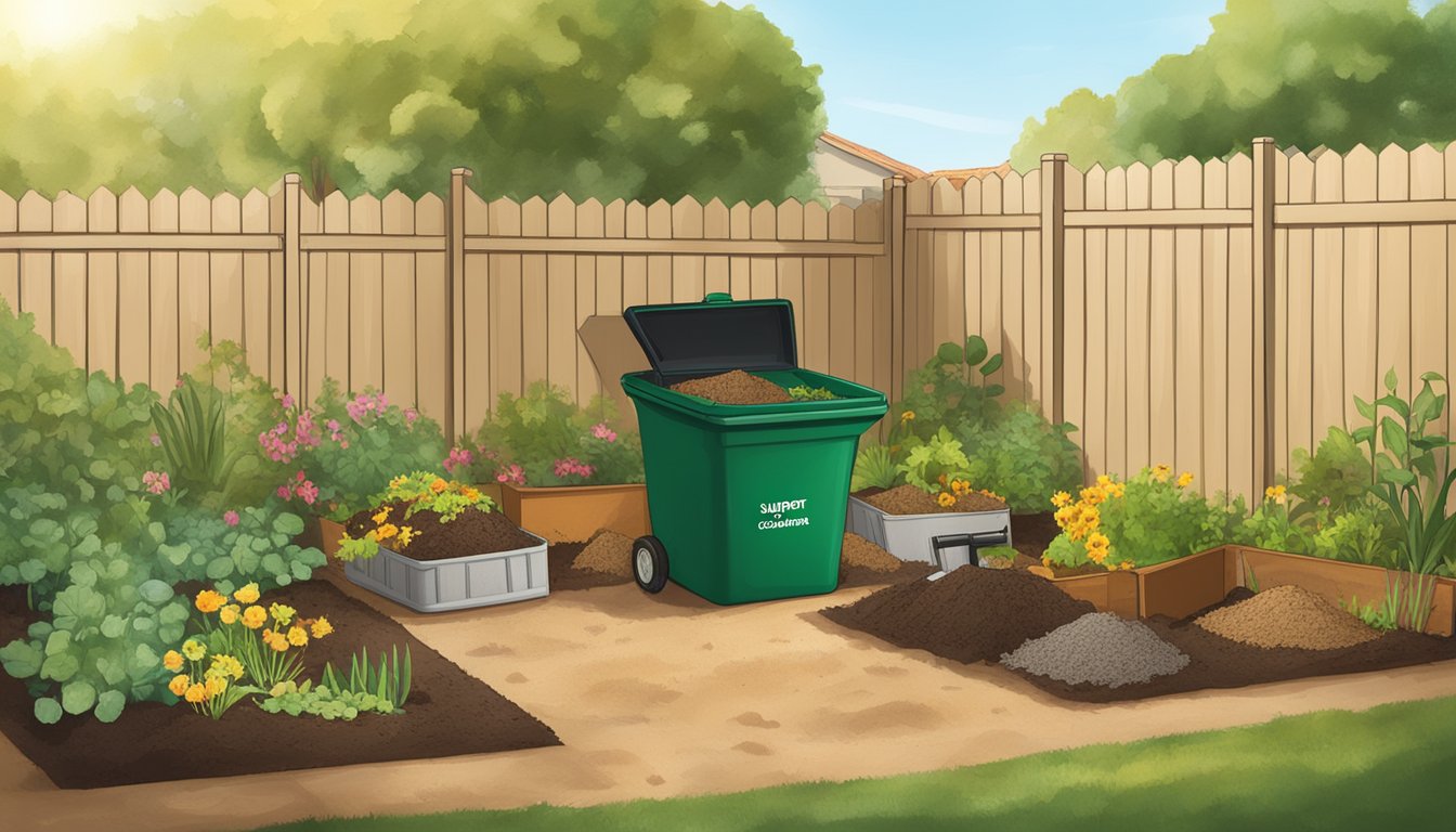 A sunny backyard with a compost bin, shovel, and various organic materials. A small sign indicates "Support and Resources Guide to Composting in Oxnard, CA."