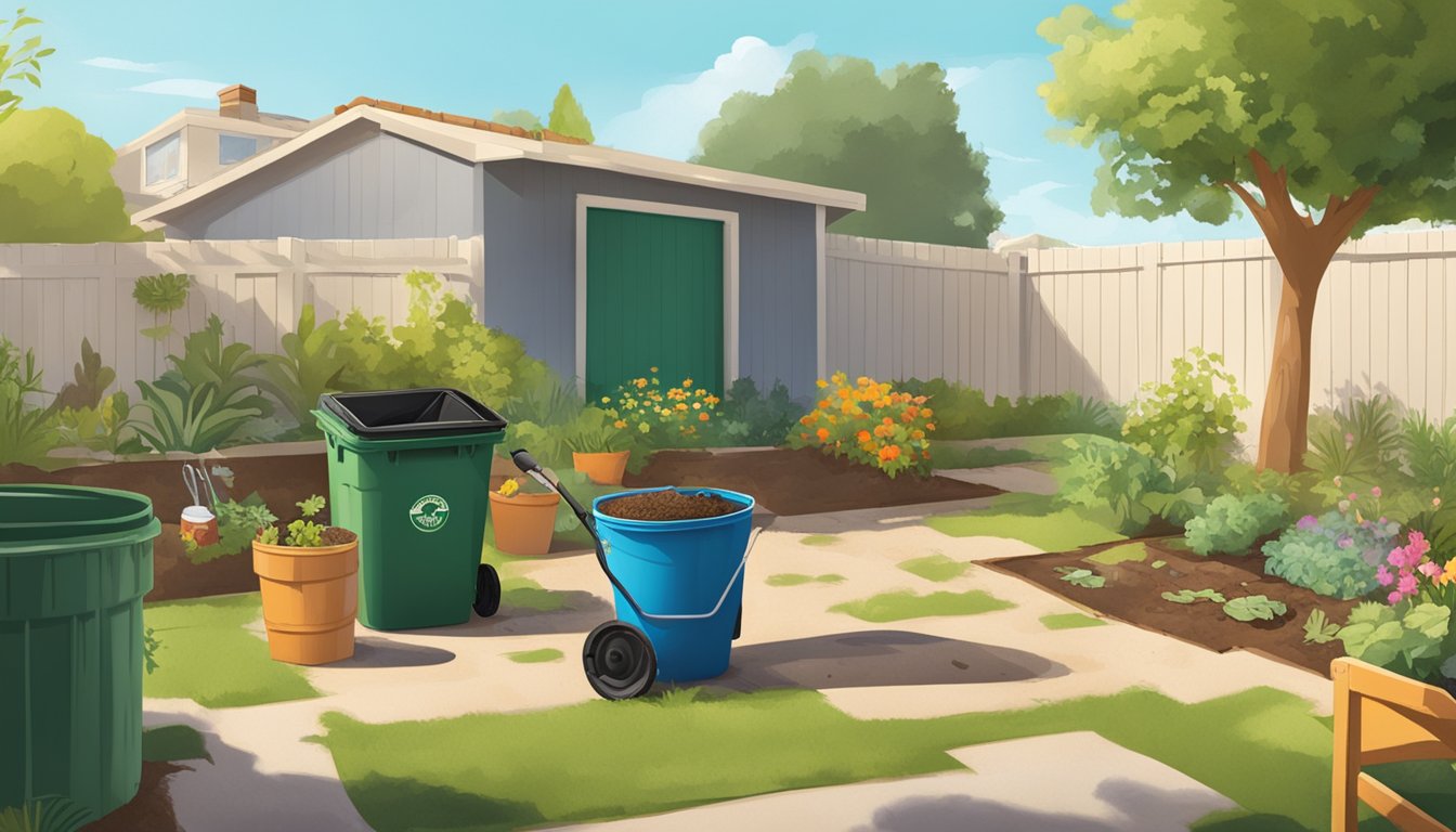 A sunny backyard with a compost bin, gardening tools, and various organic waste materials scattered around. A small sign indicates "Palmdale, CA" in the background