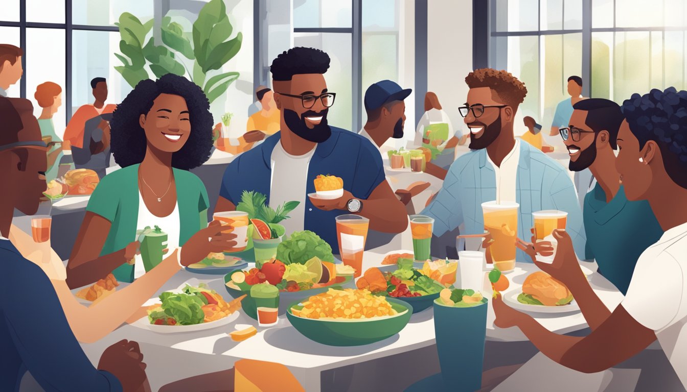 A group of diverse individuals enjoying healthy food and drinks at a branded loyalty program event hosted by a corporation