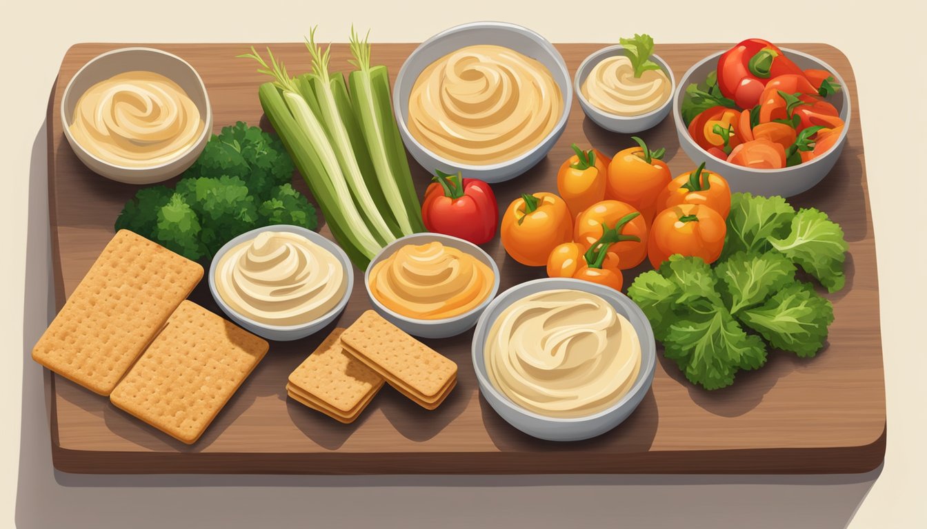 A colorful array of fresh vegetables and whole grain crackers arranged on a wooden platter next to a bowl of creamy hummus