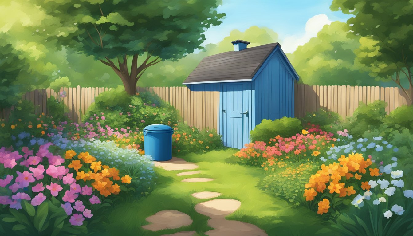 A serene backyard with a compost bin surrounded by lush greenery and colorful flowers, with a clear blue sky overhead