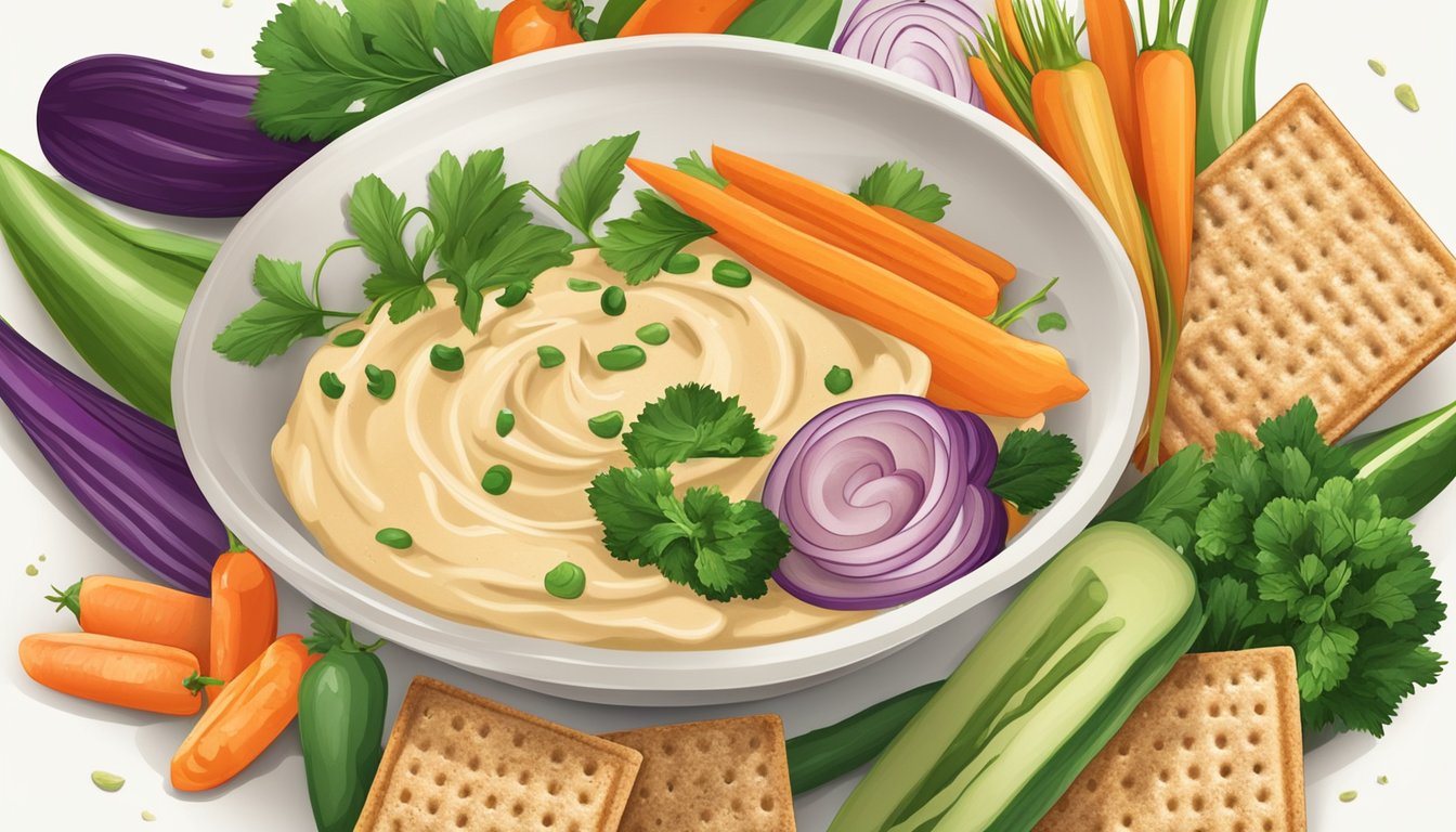 A variety of colorful vegetables and whole grain crackers arranged around a bowl of creamy hummus, with a sprinkle of herbs on top