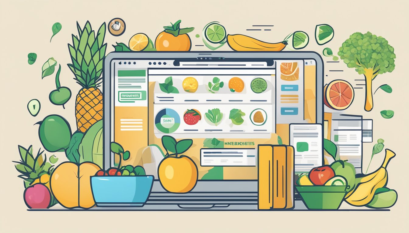 A laptop displaying a website with a "Membership and Benefits" section, featuring images of healthy food options