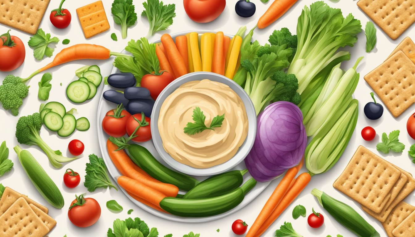 A colorful array of fresh vegetables and whole grain crackers arranged around a bowl of creamy hummus, inviting healthy snacking