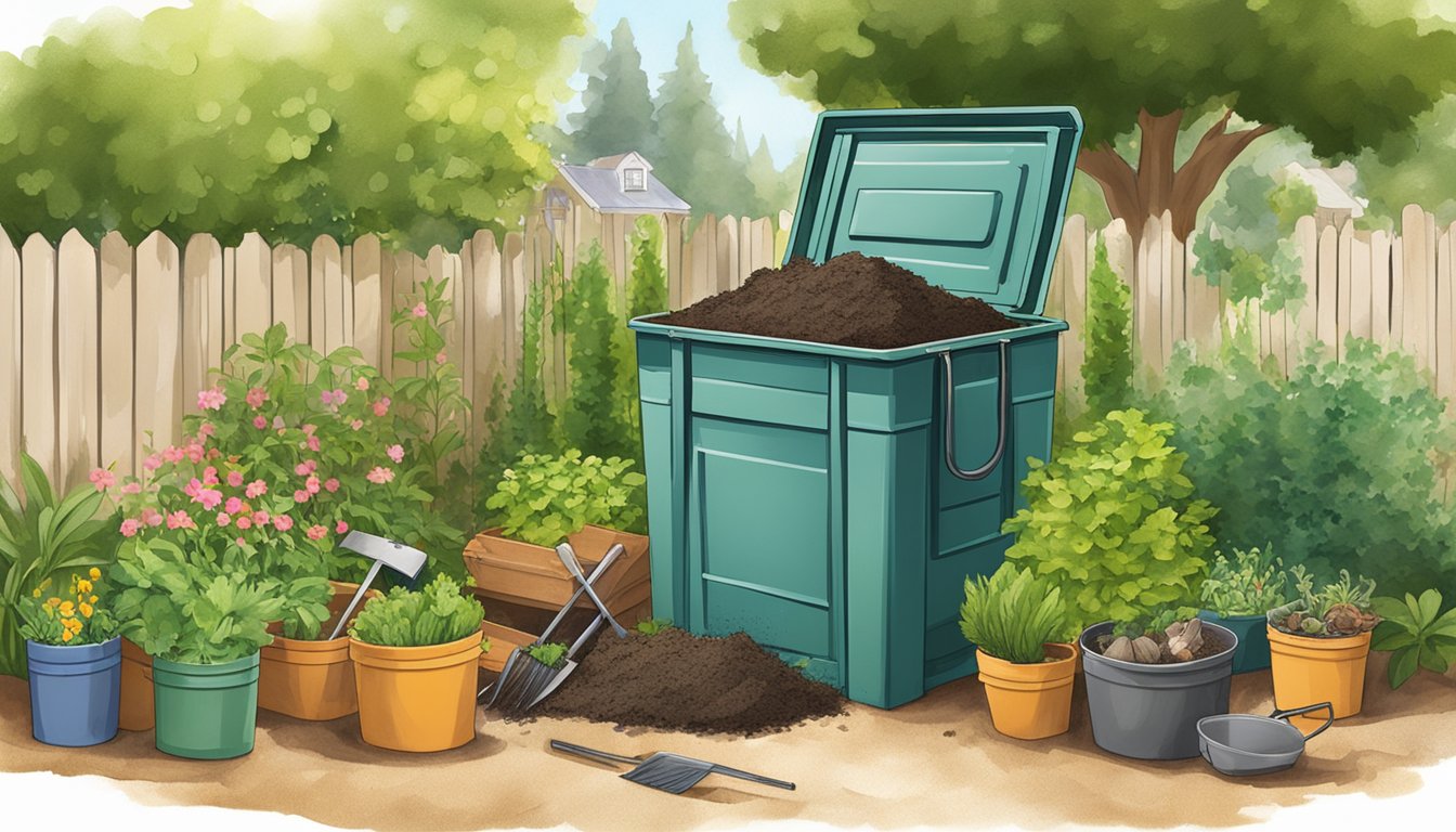 A backyard compost bin sits surrounded by greenery and garden tools in a sunny Pasadena yard