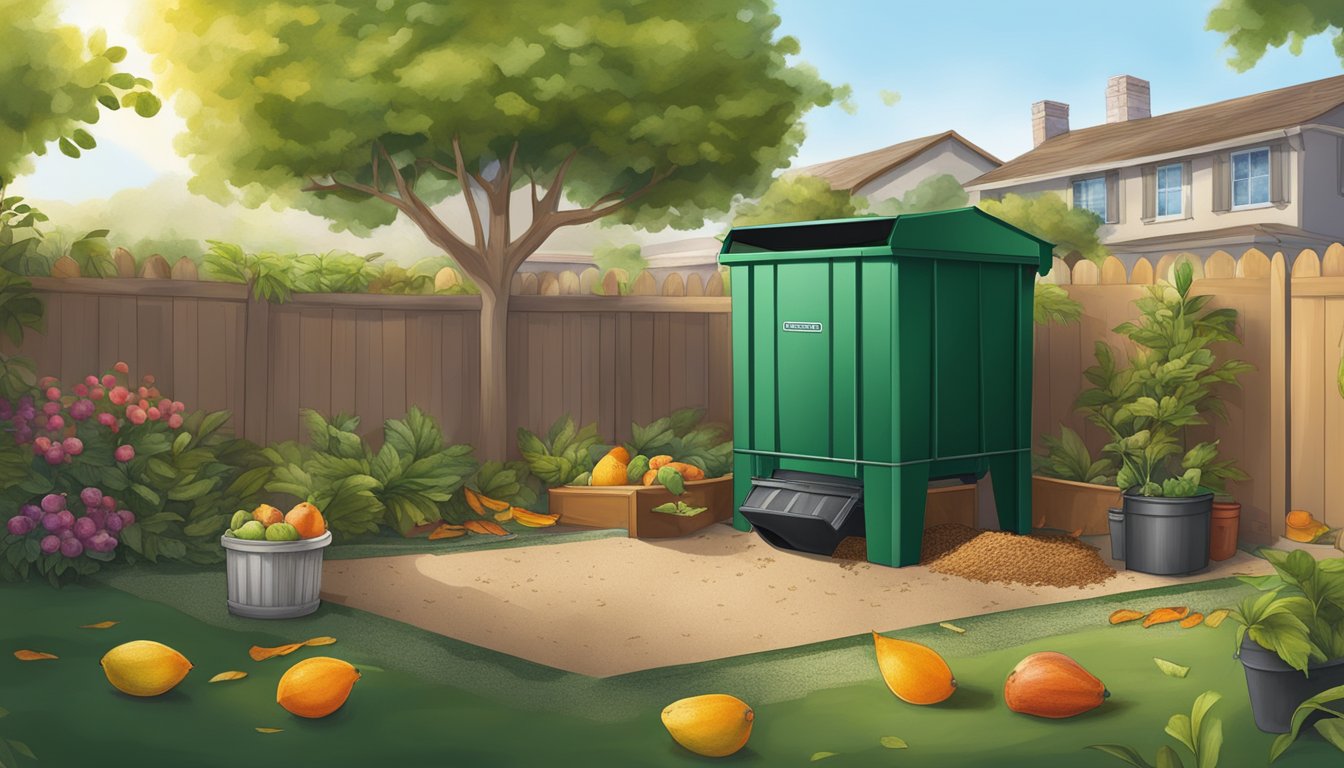 A backyard in Rancho Cucamonga, CA with a compost bin surrounded by a variety of organic waste, such as fruit peels, leaves, and coffee grounds