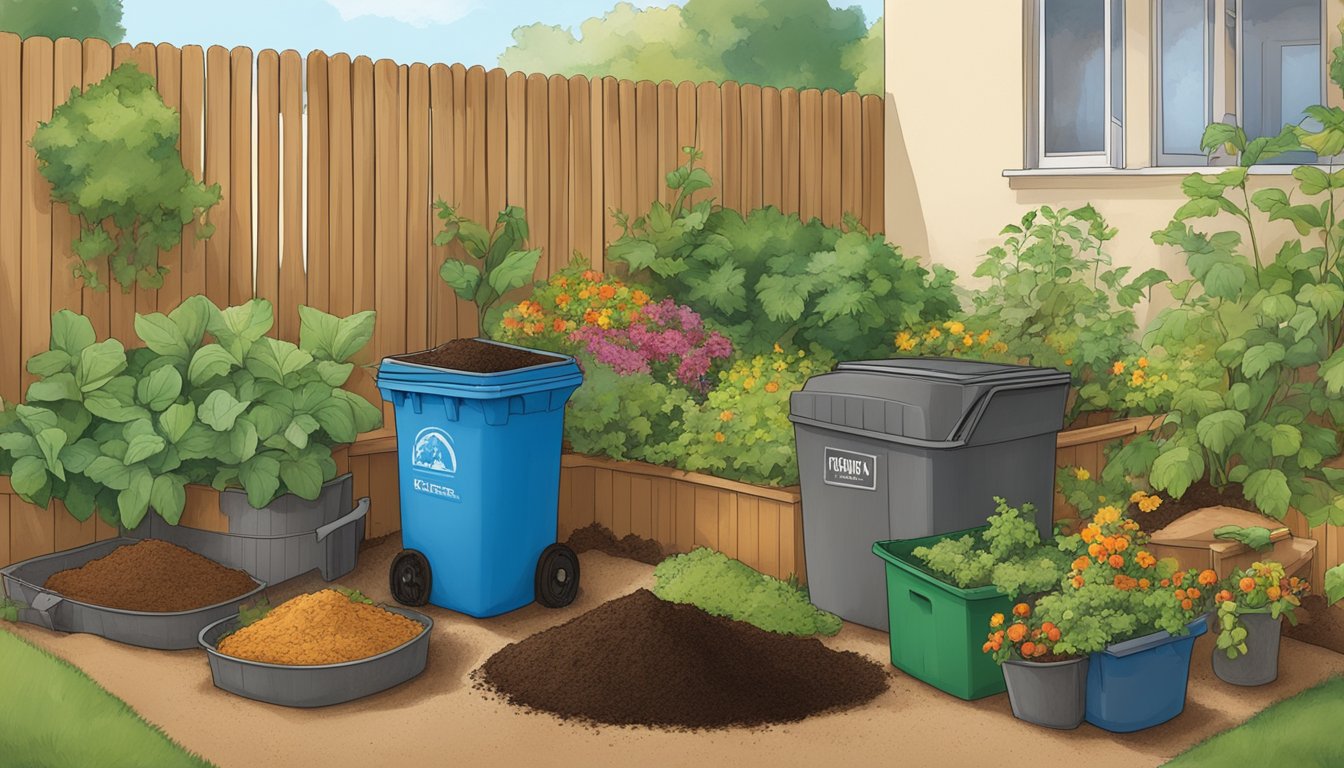 A backyard in Pasadena, CA with a compost bin, garden waste, and food scraps being mixed together to create nutrient-rich soil