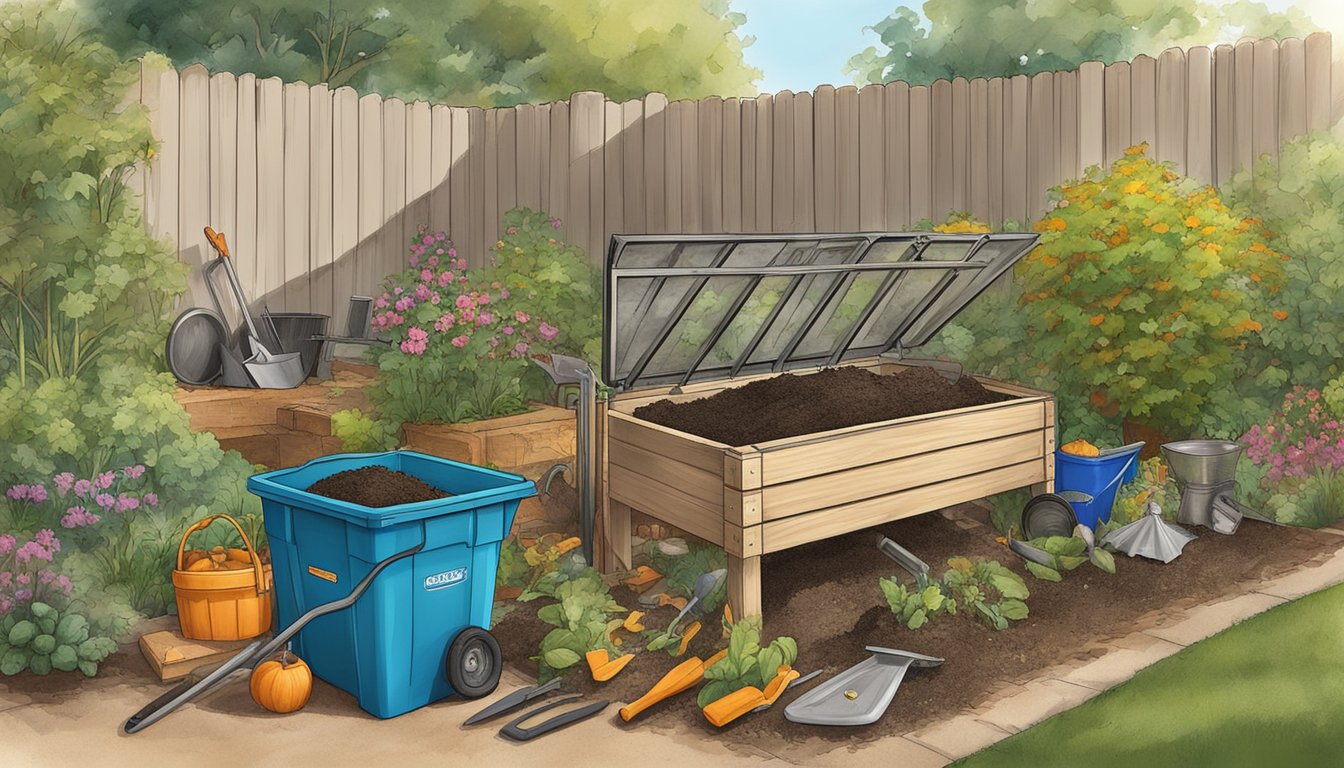 A backyard compost bin surrounded by garden tools and organic waste in Rancho Cucamonga, CA