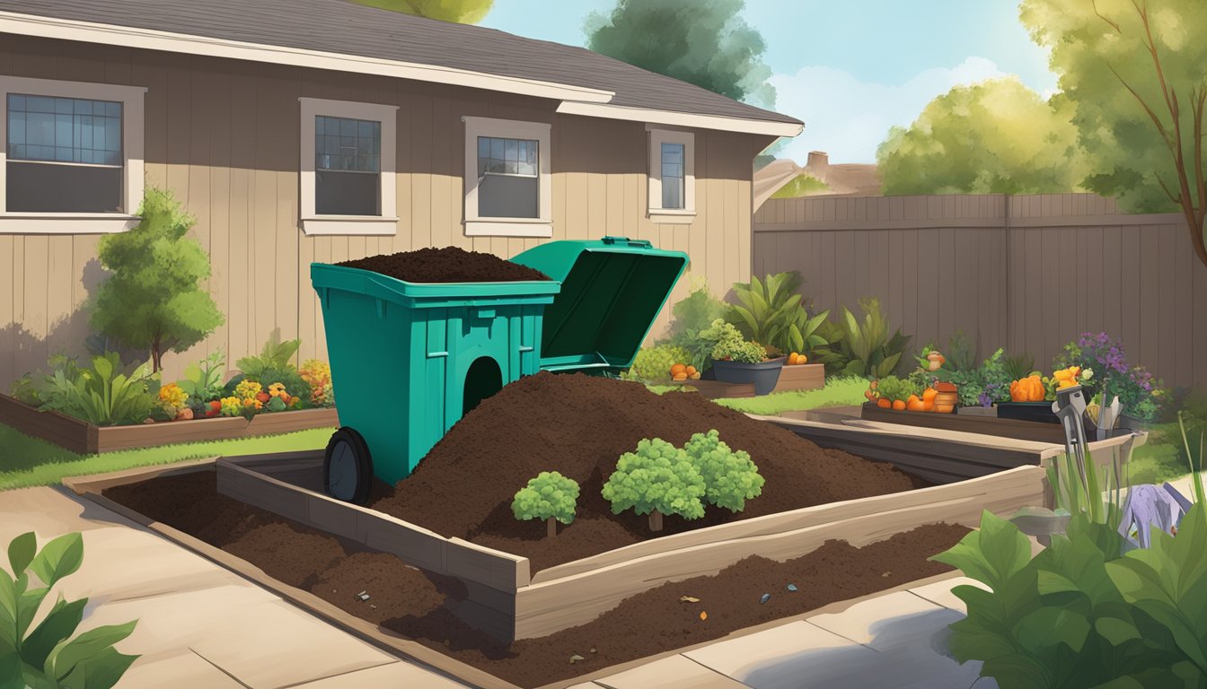 A backyard in Pomona, CA with a compost bin, garden tools, and a variety of organic waste being added to the compost pile