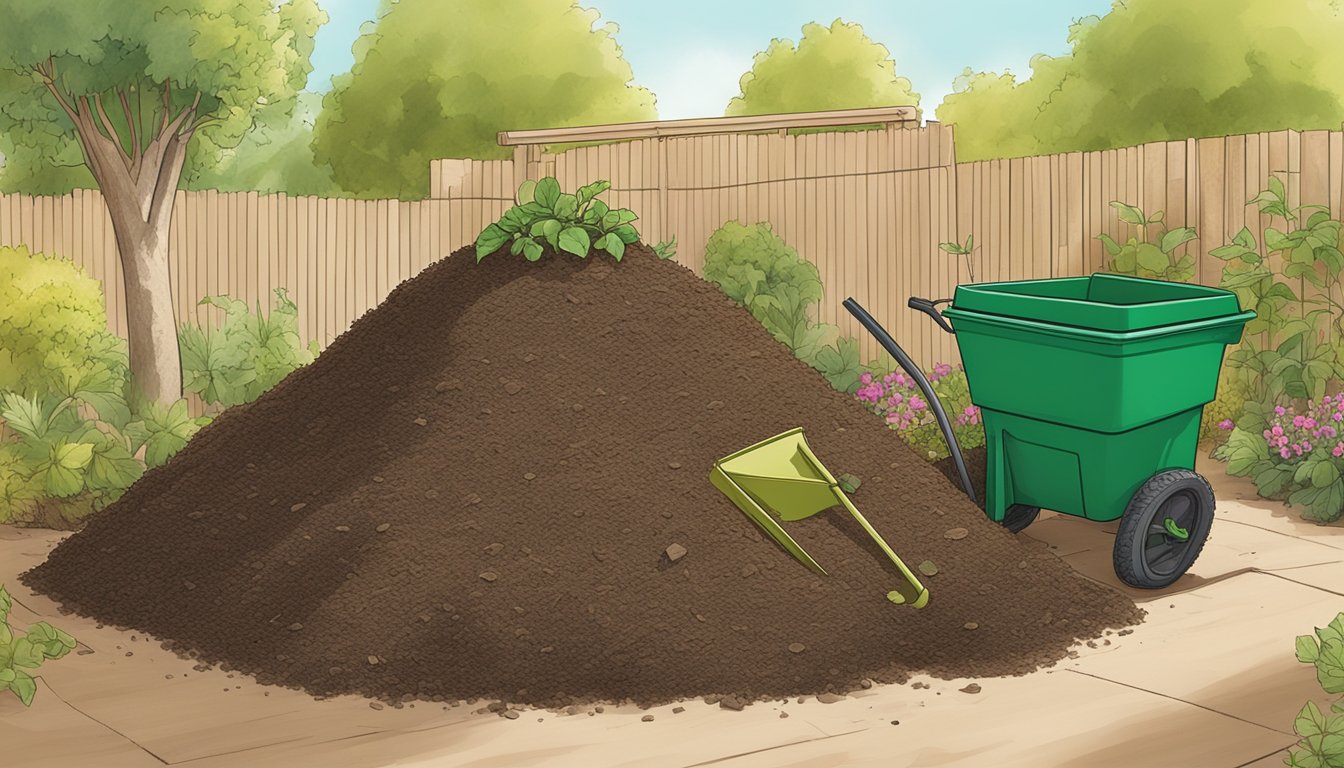 A backyard compost pile with a mix of green and brown materials, a shovel, and a compost bin in a sunny garden in Pasadena, CA