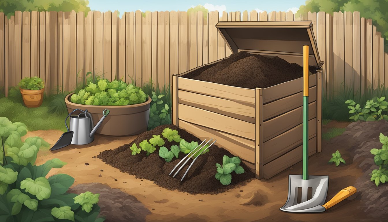 A backyard compost bin surrounded by a variety of organic materials, with a shovel and pitchfork nearby