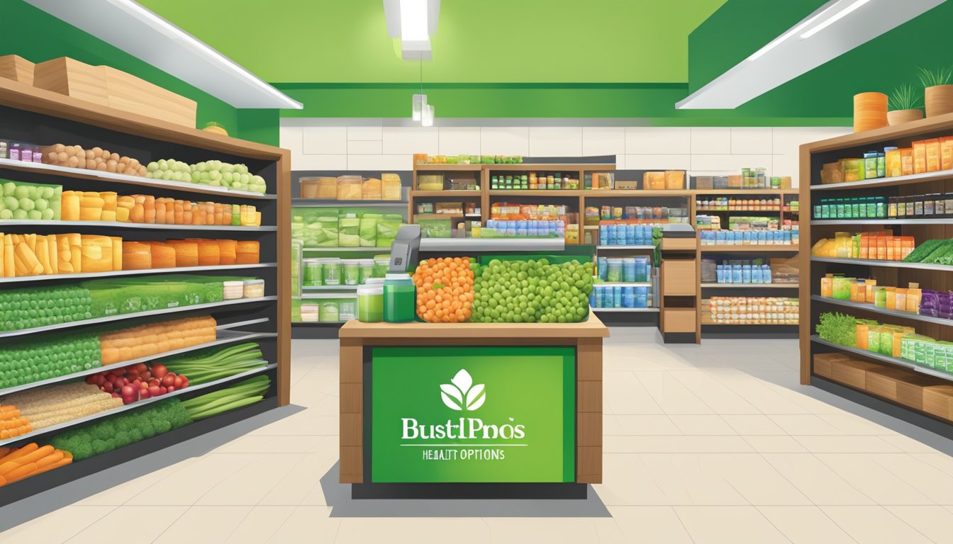 A bustling Healthy Options store with shelves stocked full of organic products, a vibrant green logo displayed prominently