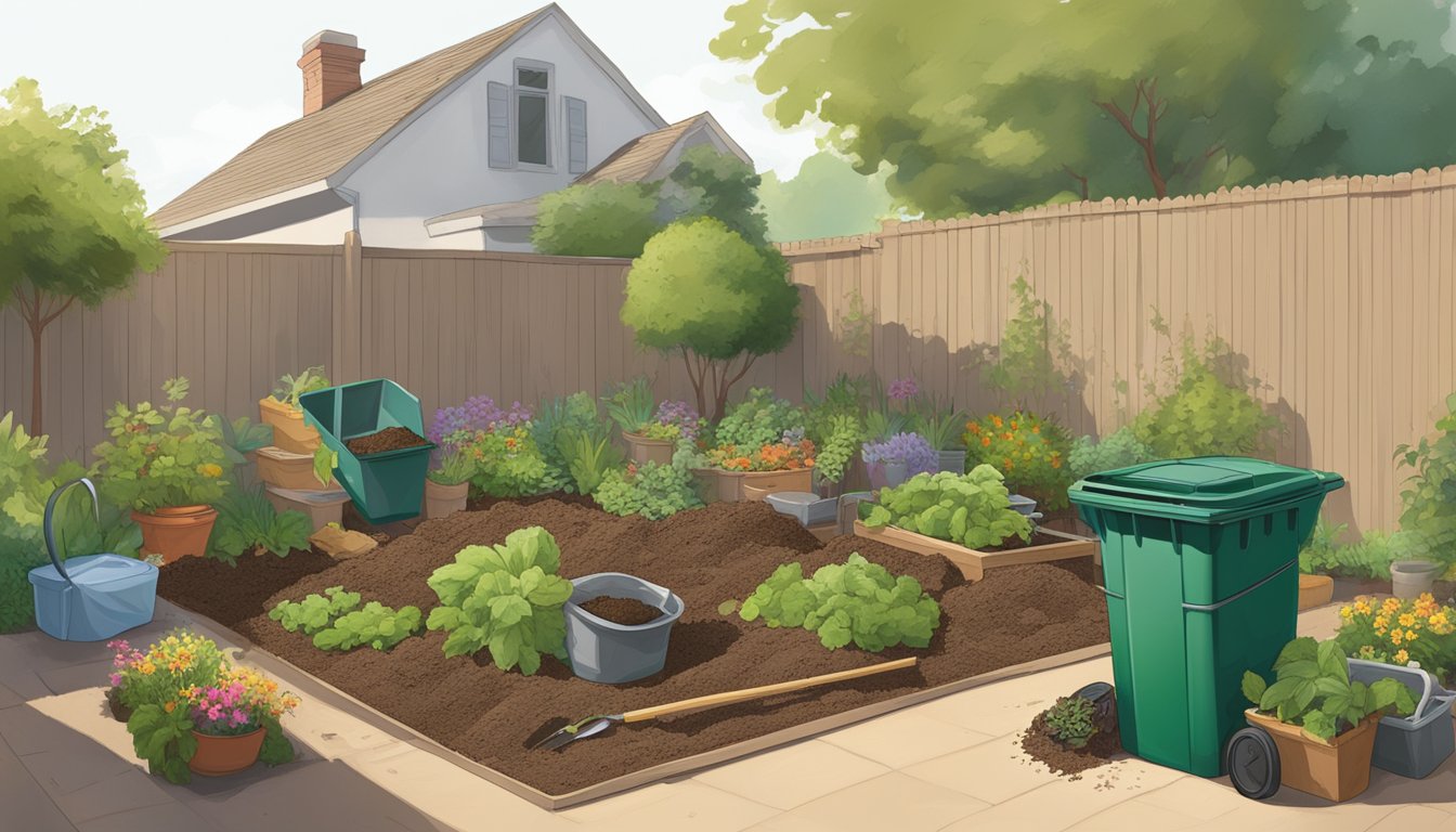 A backyard in Pasadena with a compost bin, gardening tools, and a variety of organic waste being added to the compost pile