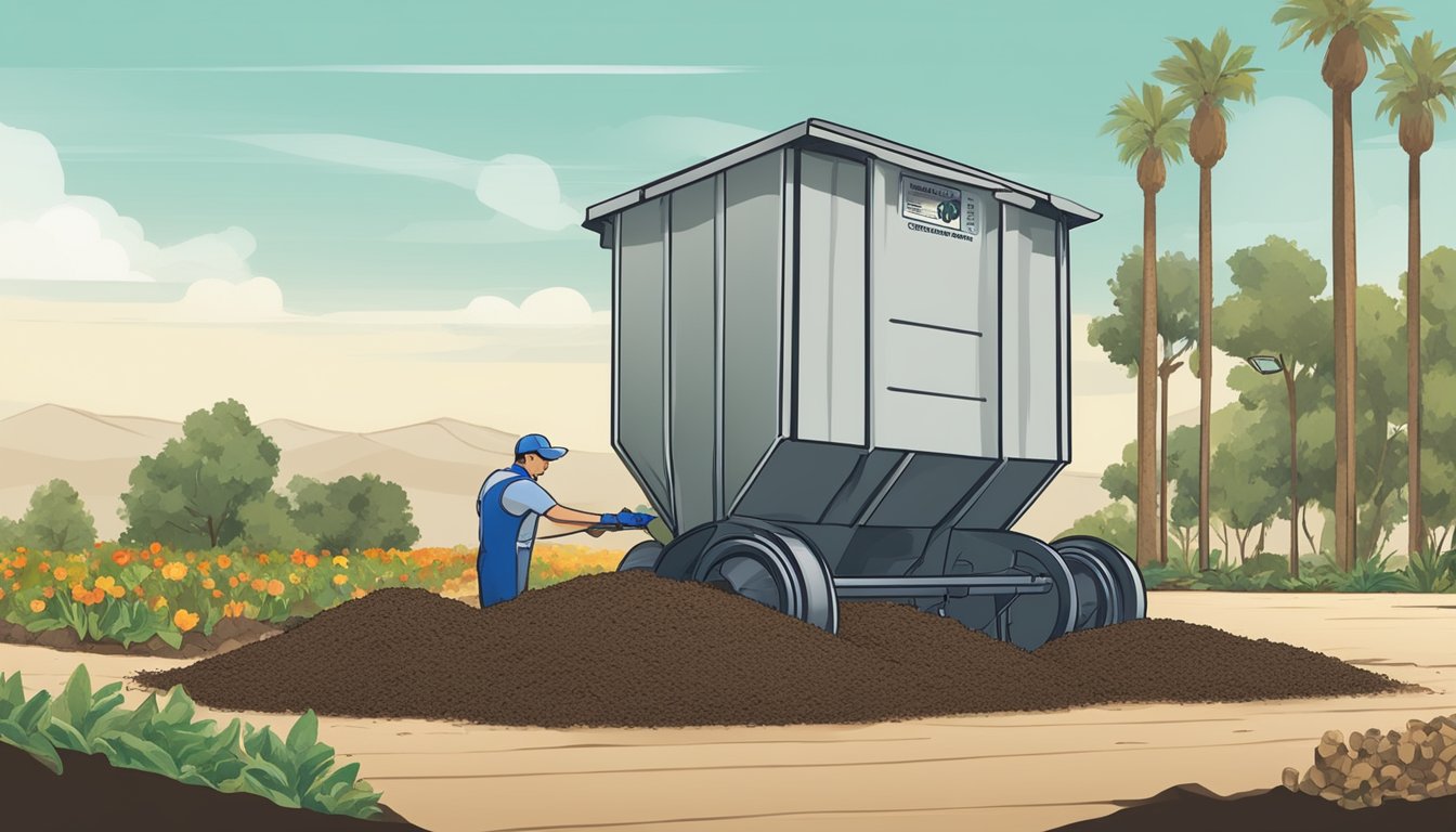 A composting site in Rancho Cucamonga, CA, with labeled bins, a compost thermometer, and a worker inspecting the quality of the compost