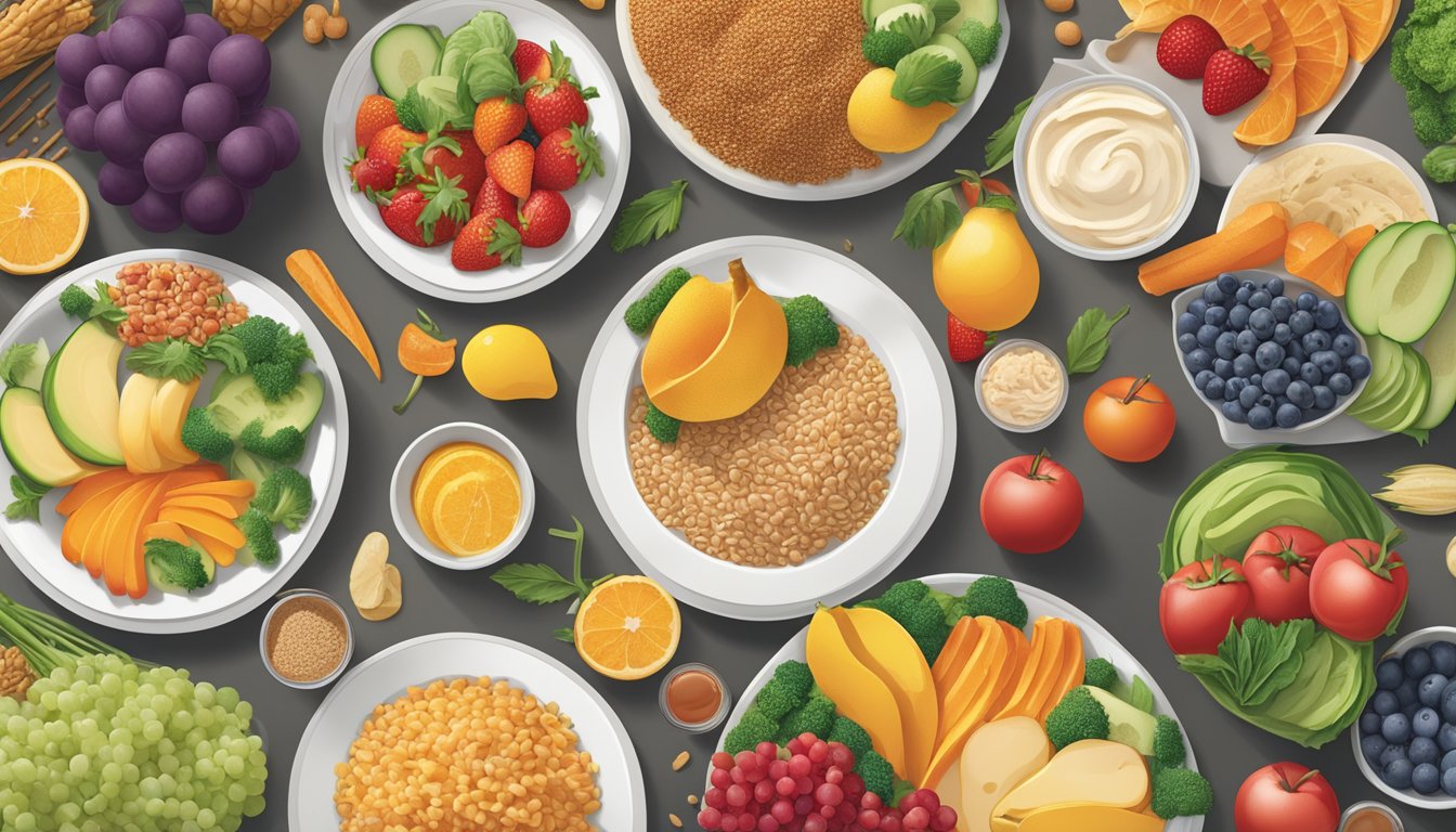 A colorful array of fresh fruits, vegetables, and whole grains displayed on a table, with a variety of healthy menu options from Denny's surrounding it